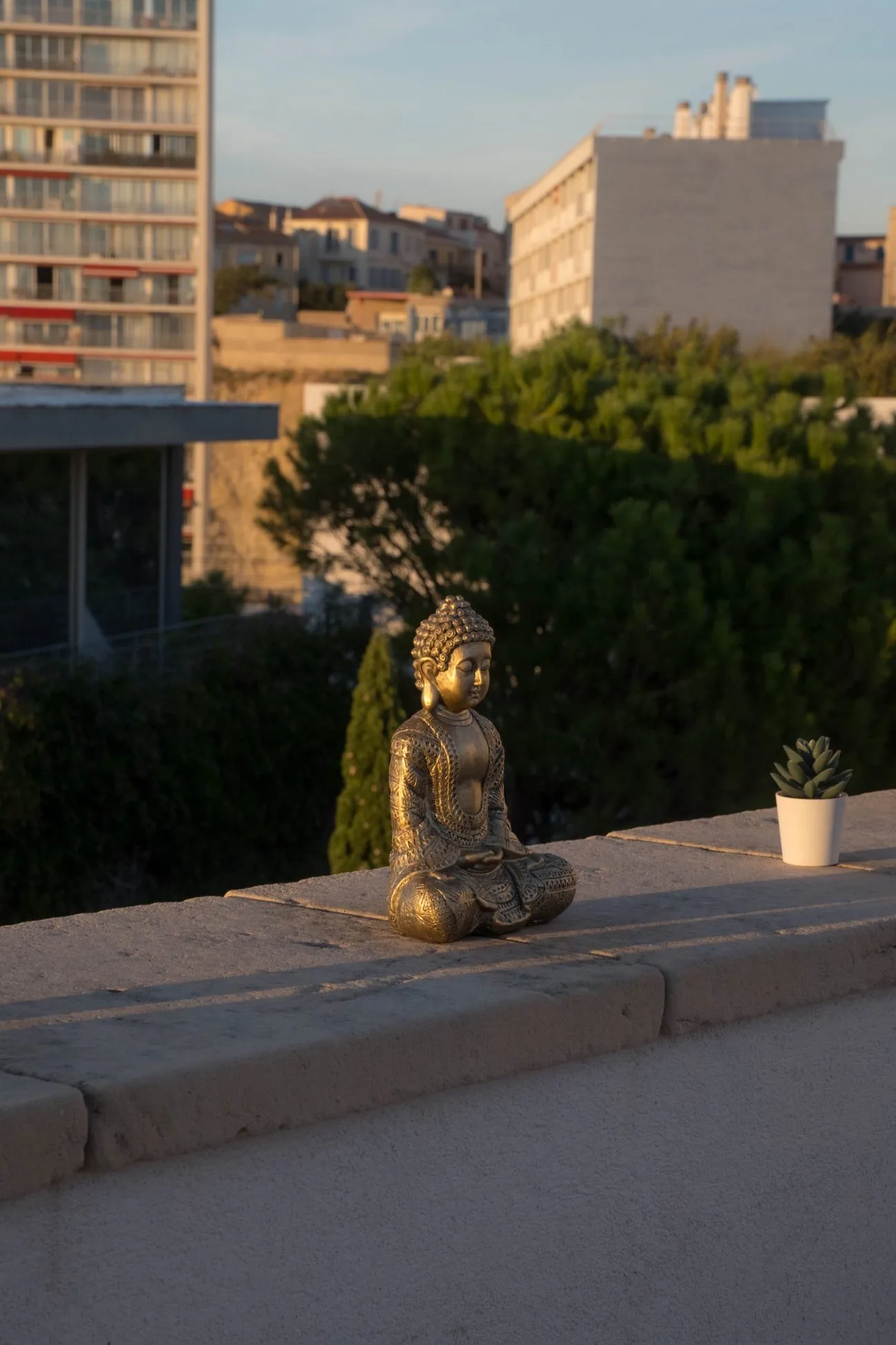 Statuette de Bouddha dorée et petite plante grasse sur un muret, dans la lumière du soir
